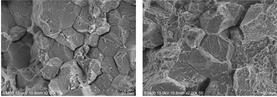 圖12-27 冰糖狀沿晶斷裂形貌 圖12-28 沿晶和韌窩混合形貌