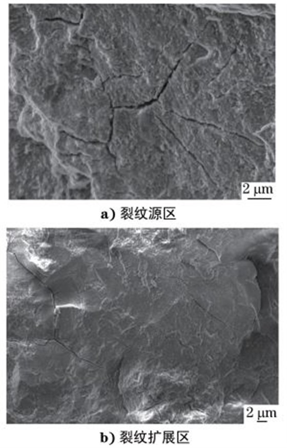 圖３ 裂紋源區(qū)及擴展區(qū)的沿晶二次裂紋形貌