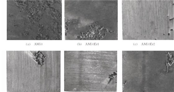 圖７ 不同Ｅｒ含量的ＡＭ５０合金在３．５％ ＮａＣｌ溶液中浸泡７２ｈ后的腐蝕形貌