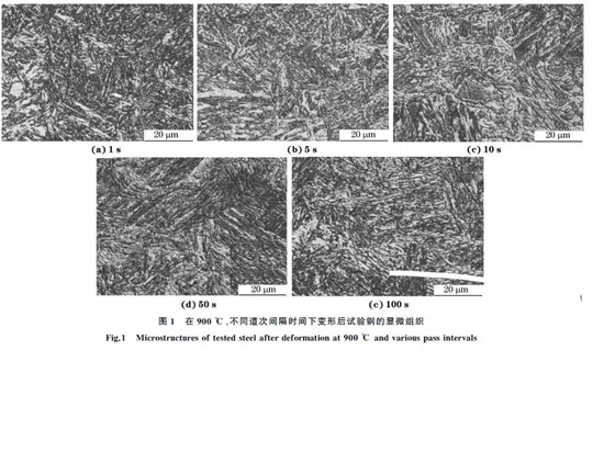 圖１ 在９００ ℃、不同道次間隔時間下變形后試驗鋼的顯微組織