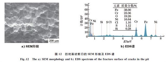 圖１２ 凹坑裂紋斷口的SEM 形貌及EDS譜