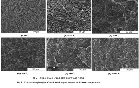 圖５ 焊縫金屬沖擊試樣在不同溫度下的斷口形貌
