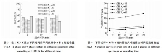 圖３ 在１３２３K 退火不同時(shí)間后不同試樣中α和γ相的含量